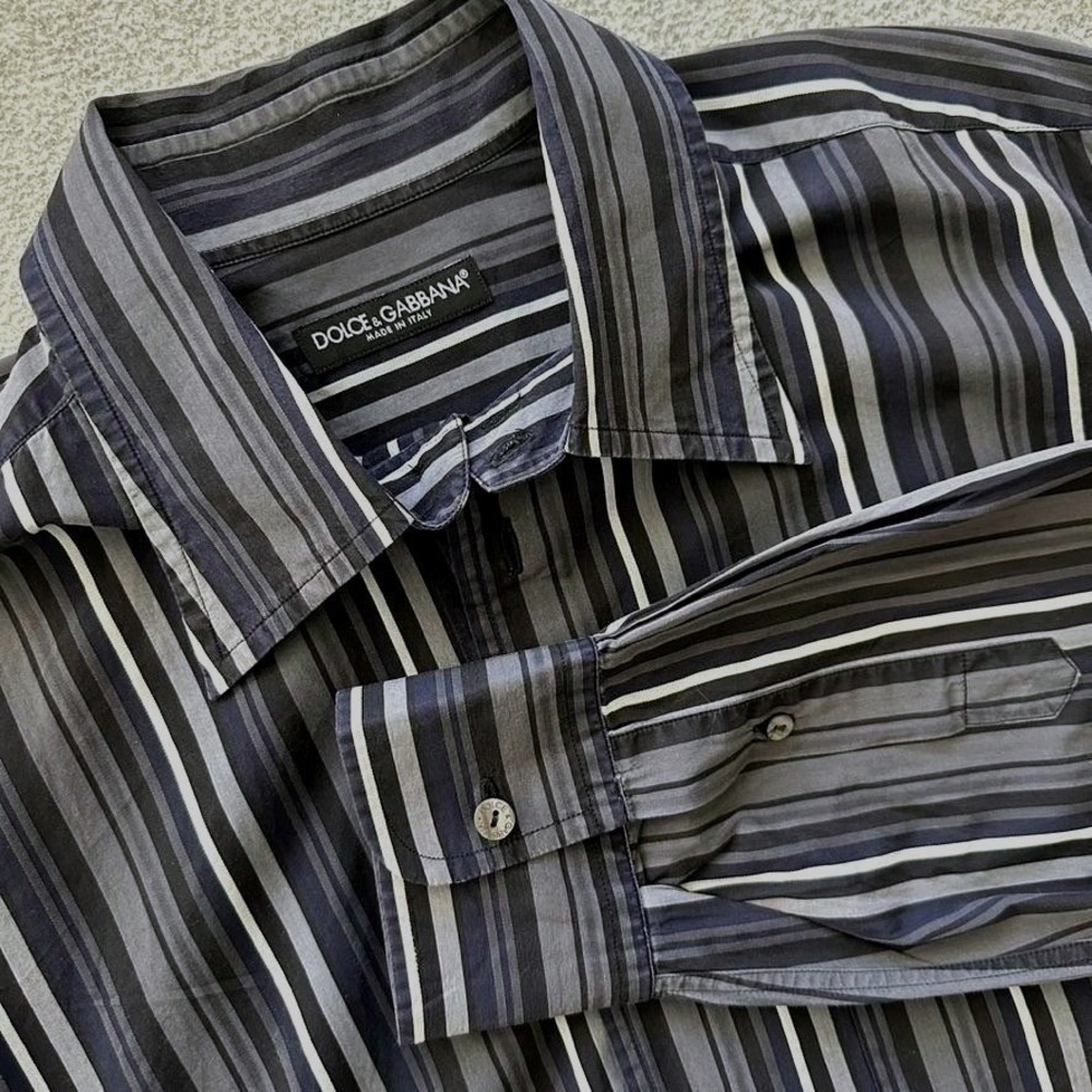 Dolce & Gabbana Button Down Shirt Mens 17.5 44 Gray Black Blue Striped Italy